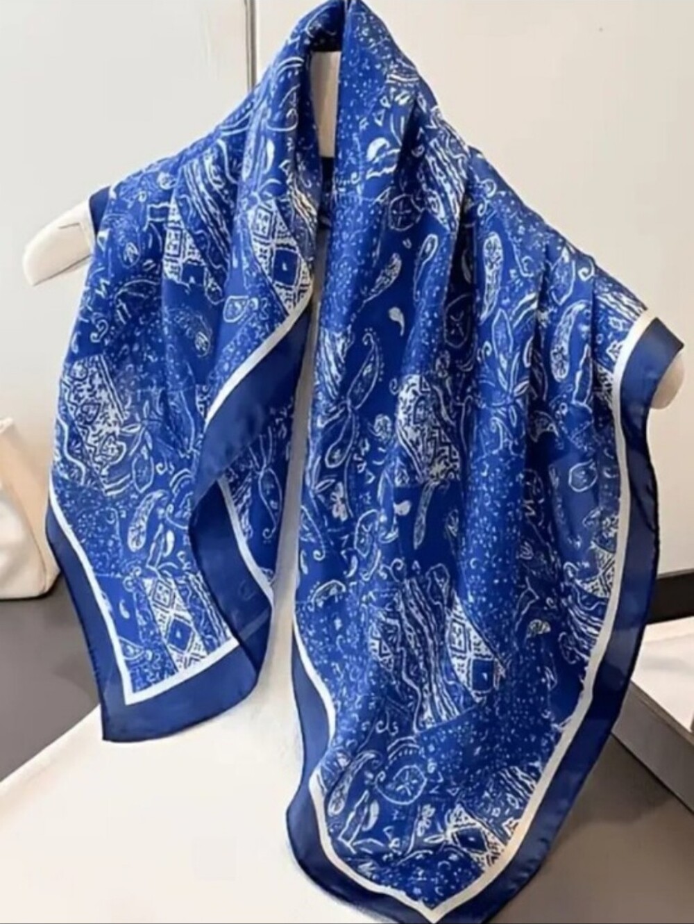 Silk-feel Blue Paisley Silk Scarf Wrap